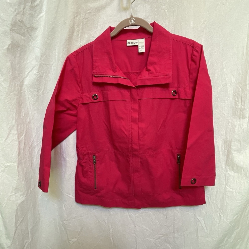 Chicos Zip Front Jacket Hot Pink Lightweight Women Size 1  100% Cotton US Med